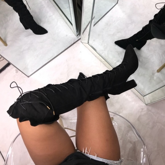 RESTOCKED Faux Suede Lace Up Knee Hi Boots – Black - Picture 3 of 6